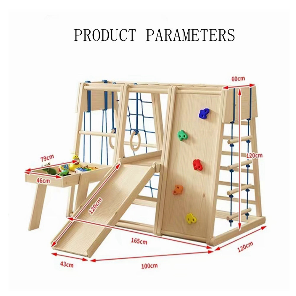COOLBABY SSZ-PPJ04 Wooden Indoor Playground Nine-In-One Solid Wood Children's Climbing Frame With Swing/Slide/Rock Climbing/Net/Ladder/Monkey Bar/Building Block Table/Soft Rope Ladder/Hanging Ring - COOLBABY