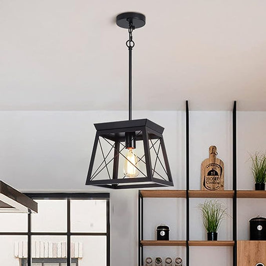 Farmhouse Pendant Light: 1-Light Metal Cage with Wooden Finish, Adjustable Height for Kitchen, Dining, Bedroom - COOLBABY