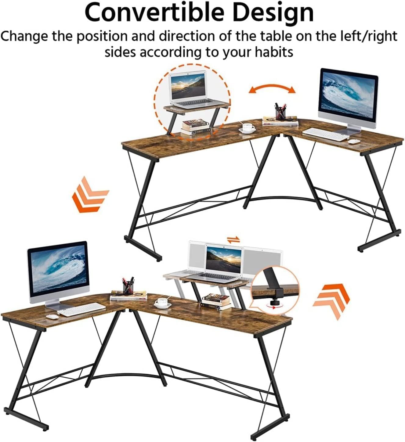 COOLBABY L Shaped Gaming Desk, Home Office Desk With Round Corner and Shelf, Computer Desk With Large Monitor Stand Desk,Sturdy Writing Workstation,Gaming Desk with Shelf-Tiger Wood - COOLBABY