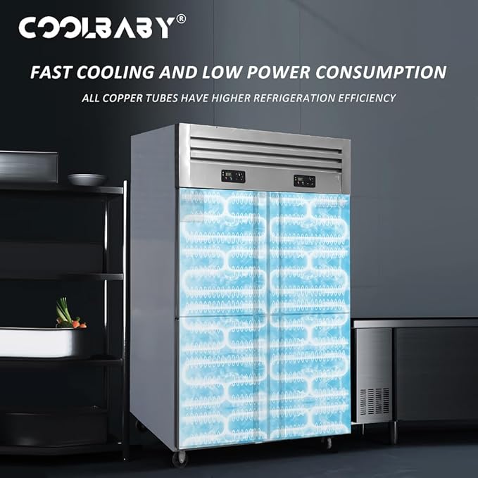 COOLBABY Upright Freezer, 1400L Total Capacity, 6 Doors Double Temperature (Top Cooling & Bottom Freezer) Rectangular Deep Freezer, Wheels, 180 x 70 x 193cm Stainless Steel - COOLBABY