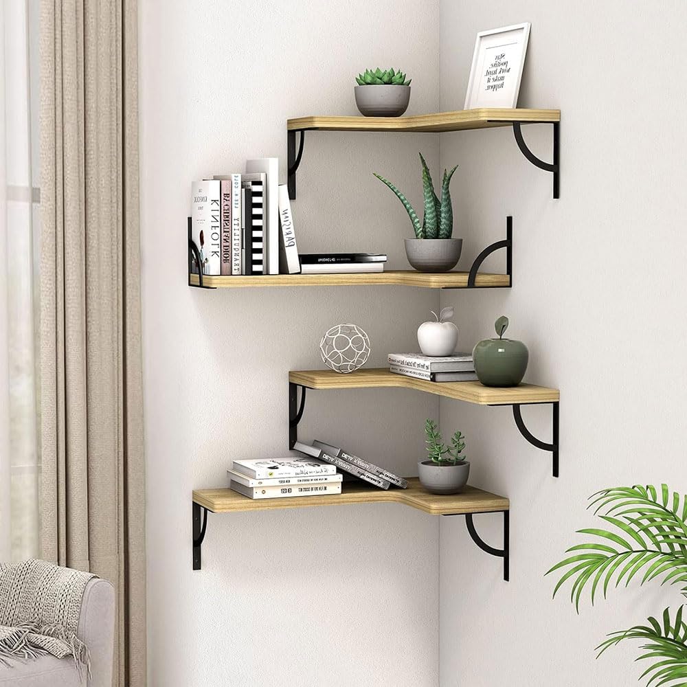 COOLBABY Corner Floating Shelves Set of 4,Wood Wall Shelves Storage Display Shelf for Home Office