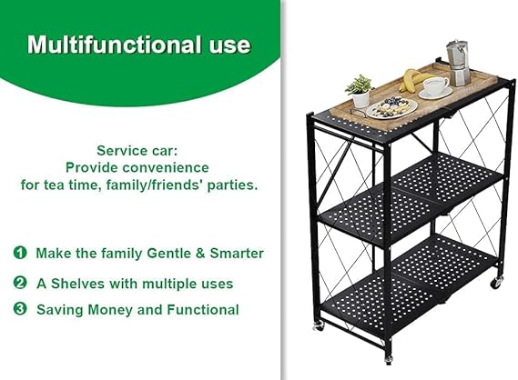 Foldable Storage Shelves with Wheels, Black Metal Wire Rack, Easy Moving Shelf, Storage Organizer for Kitchen, Bathroom, Garage, Outdoor (3 Tier) - COOLBABY