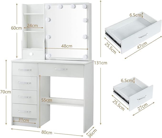 Vanity Table Set with LED Lighted Mirror, Makeup Vanity Dressing Table with 5 Drawers, Storage Shelves - COOLBABY