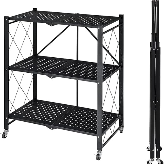 Foldable Storage Shelves with Wheels, Black Metal Wire Rack, Easy Moving Shelf, Storage Organizer for Kitchen, Bathroom, Garage, Outdoor (3 Tier) - COOLBABY