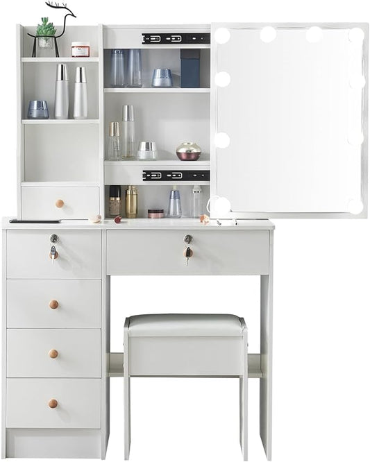 Makeup Vanity Desk with Lighted Mirror, Vanity Table Set with 6 Storage Shelf and 5 Drawers - COOLBABY