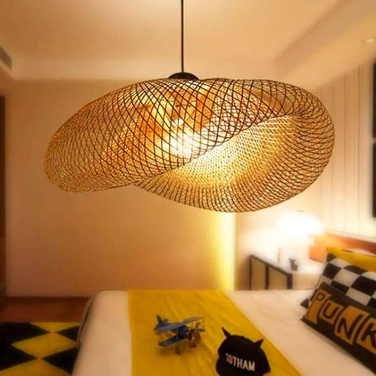 Vintage Wooden Pendant Lamp, Hand Woven Rattan Chandelier for Living Room, Office - COOLBABY