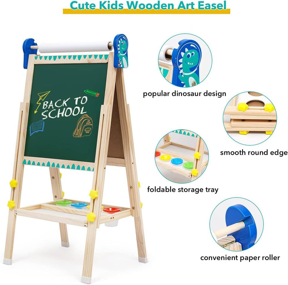 COOLBABY Kids Standing Art Easel with Paper Roll - Height Adjustable Chalk Board Magnetic White Board for Kids Painting and Drawing - COOLBABY