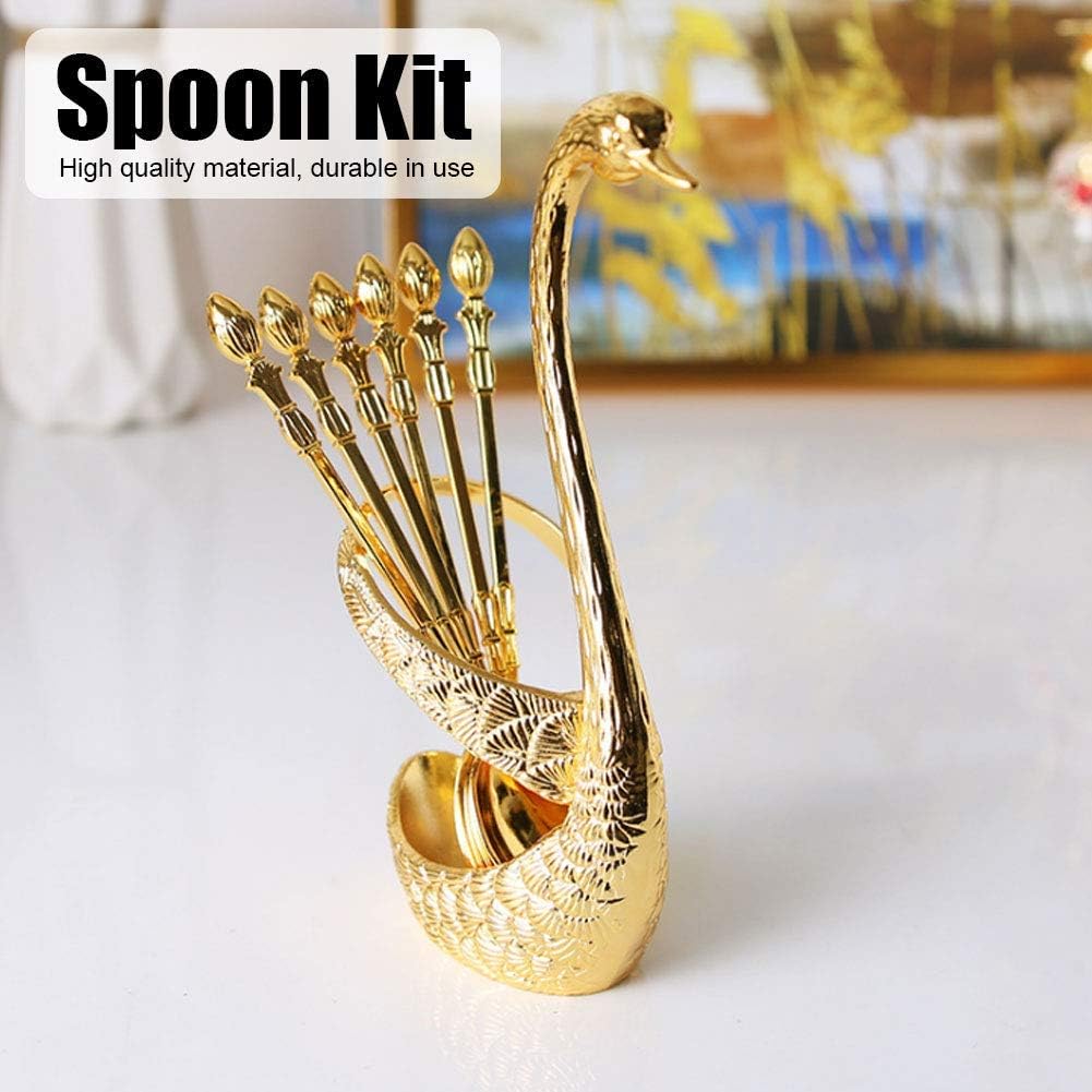 COOLBABY HDD-SZTZ-G 6-piece coffee spoon, stainless steel teaspoon swan-shaped spoon holder for dessert cake and ice cream (Gold) - COOL BABY