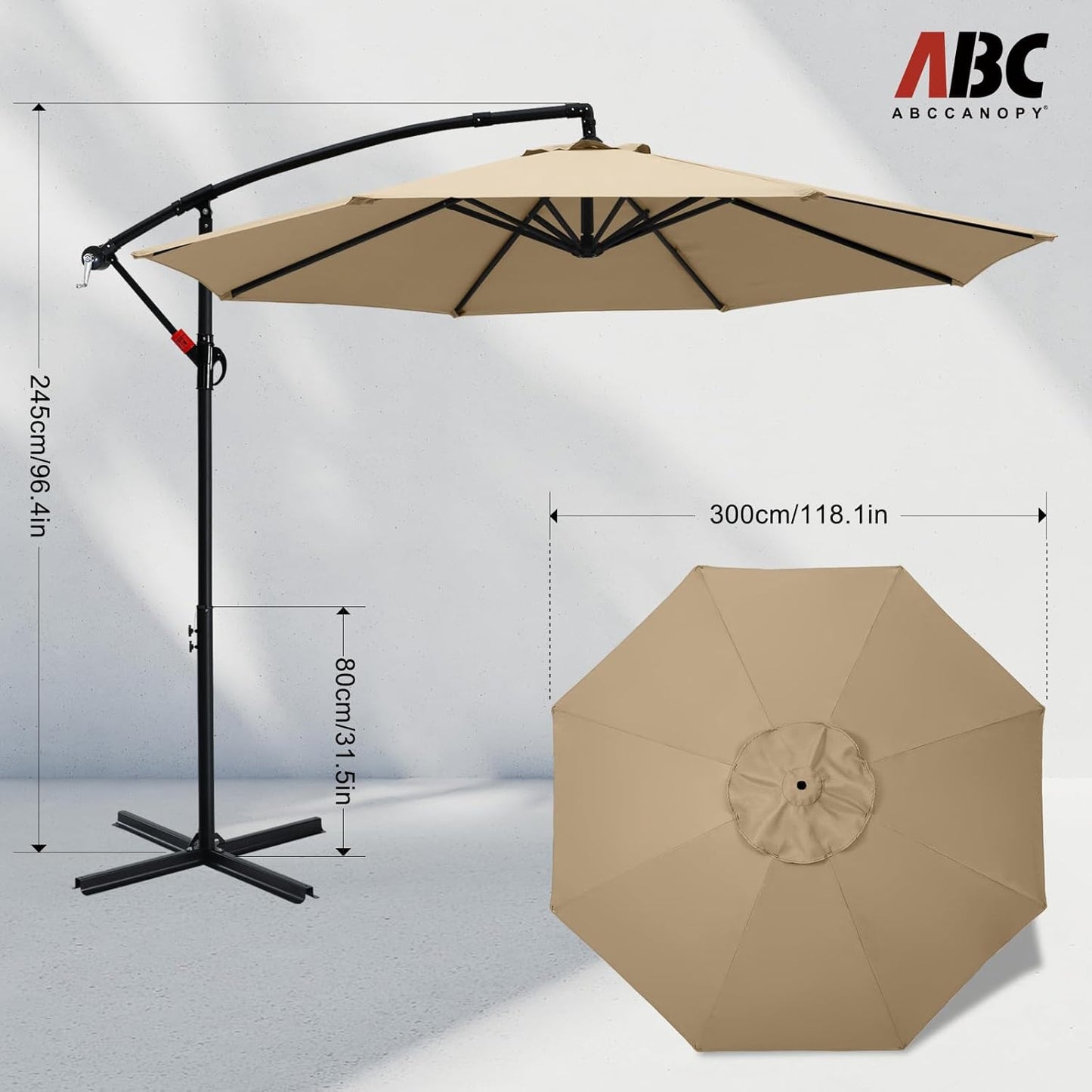 10FT Cantilever Patio Umbrella with Crank and Cross Base – Large Offset Outdoor Market Umbrella for Sun Shade – Heavy-Duty Hanging Canopy for Garden, Deck, Backyard, Pool, Beach & Patio Furniture (No Packaging Box Included)