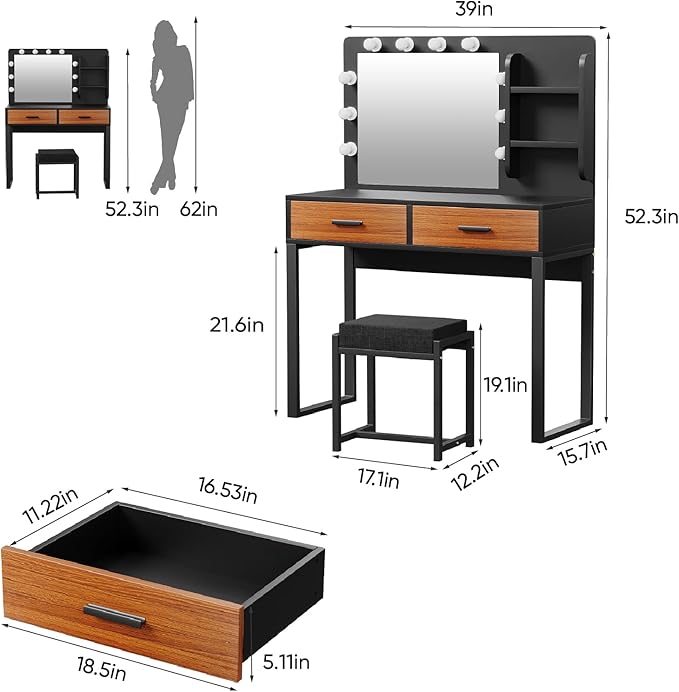 Vanity Desk with Mirror, With Chair and 10 LED Lights, with 2 Big Drawers and Side Shelves for Storage - COOLBABY