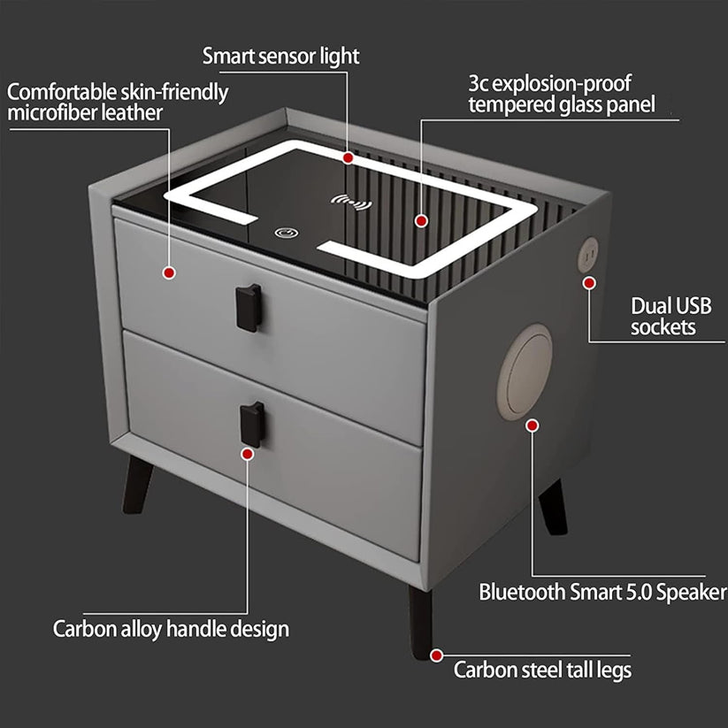 Bedside Table with Three Drawers, Secure Fingerprint Lock Wireless Charging Speaker LED Light - COOLBABY