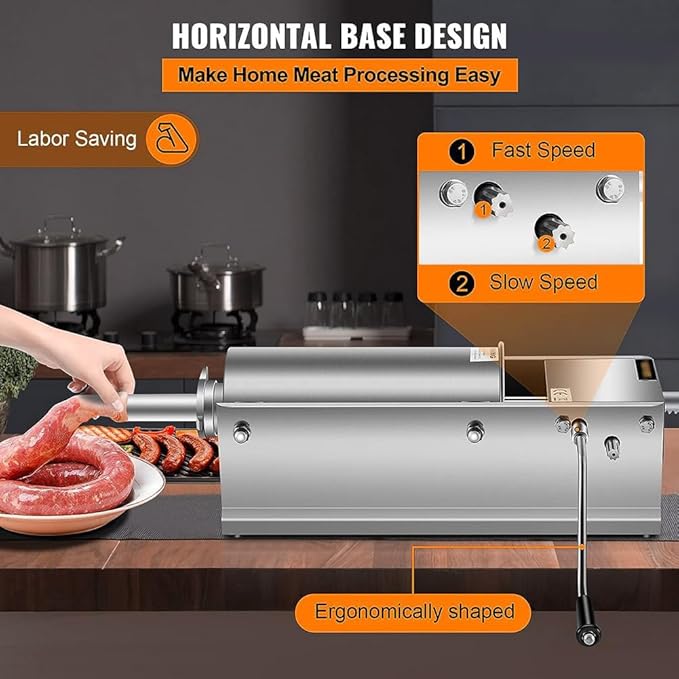 5L Stainless Steel Horizontal Sausage Filler - Sausage Stuffer Machine with 5 Filling Nozzles - COOLBABY