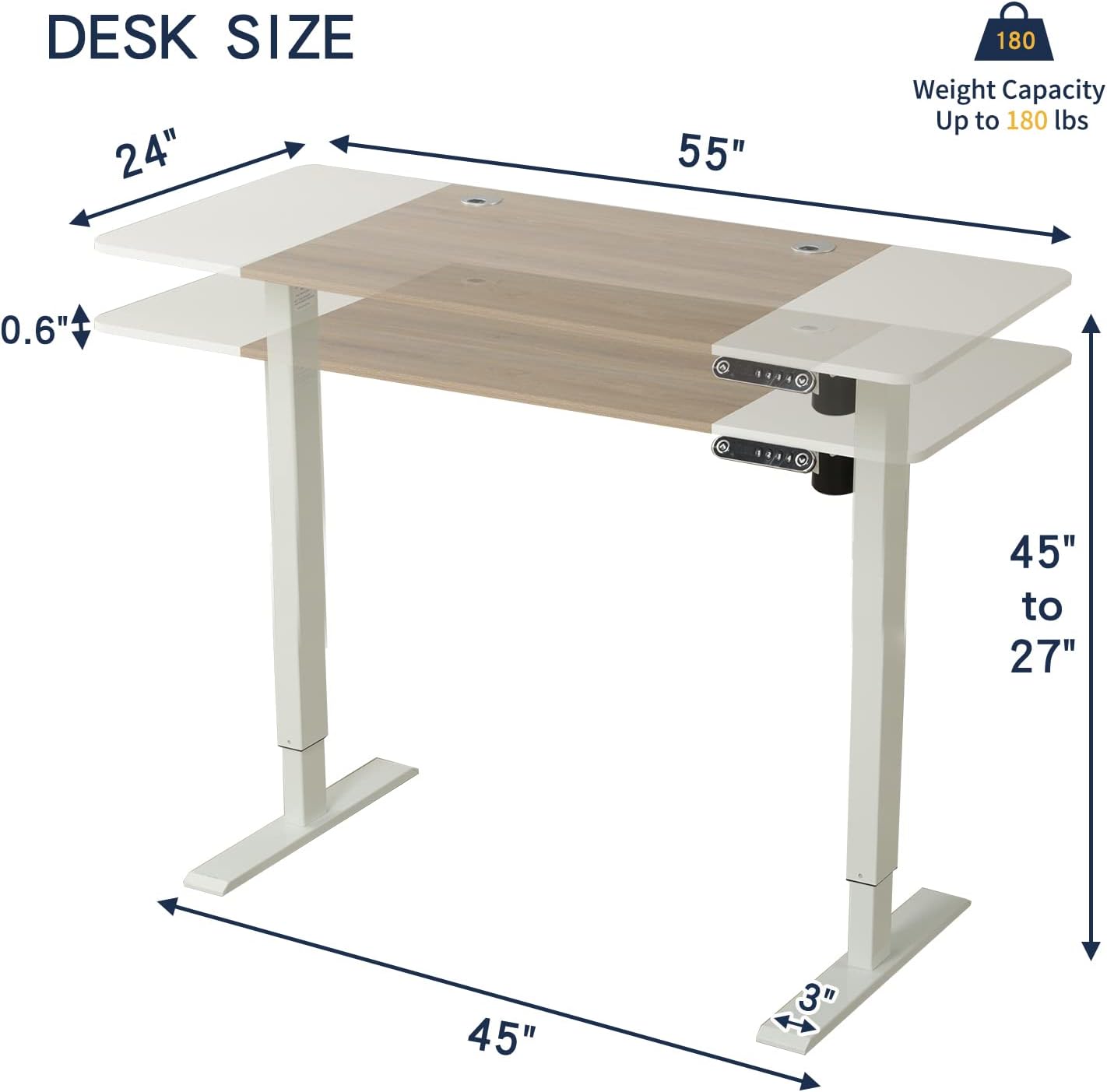 Electric Height Adjustable Standing Desk – 55 x 24 Inch Ergonomic Sit-Stand Desk with Splice Board, Double-Beam Steel Frame, Home Office Workstation, White Frame with White & Oak Top - COOLBABY