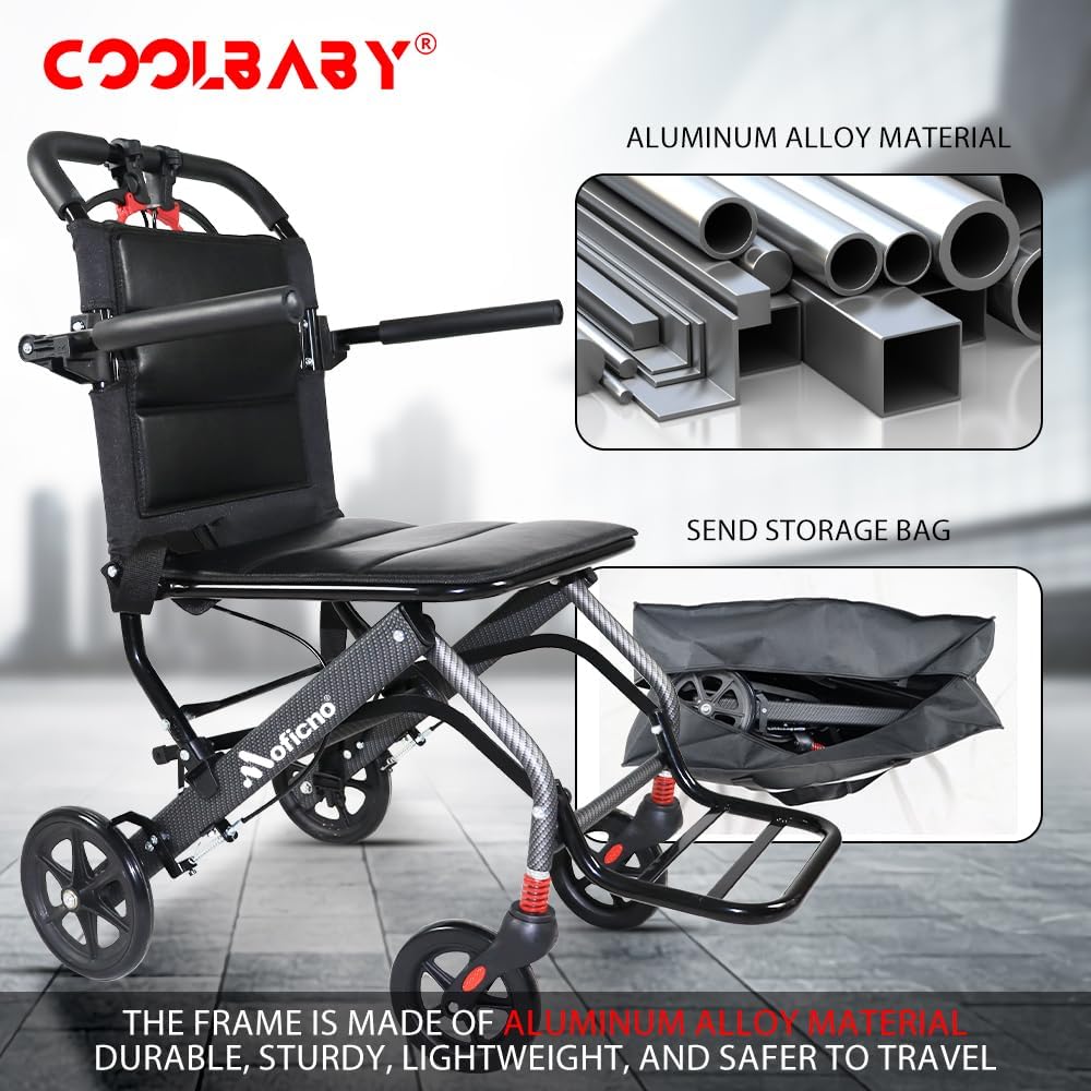 COOLBABY Portable Transit Travel Wheelchair,Folding Transport Wheelchairs for Adults and Seniors,Aluminum Alloy Frame - COOLBABY