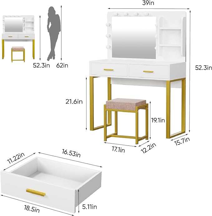 Vanity Desk with Mirror, With Chair and 10 LED Lights, with 2 Big Drawers and Side Shelves for Storage - COOLBABY