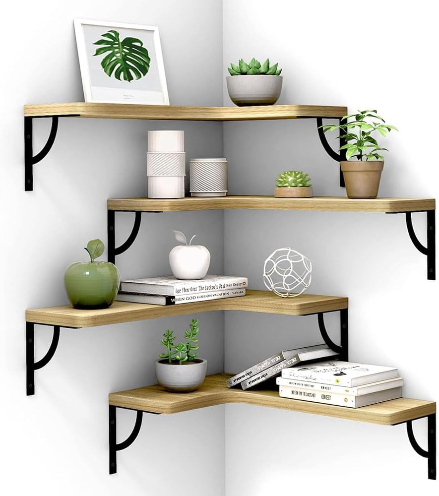 COOLBABY Corner Floating Shelves Set of 4,Wood Wall Shelves Storage Display Shelf for Home Office