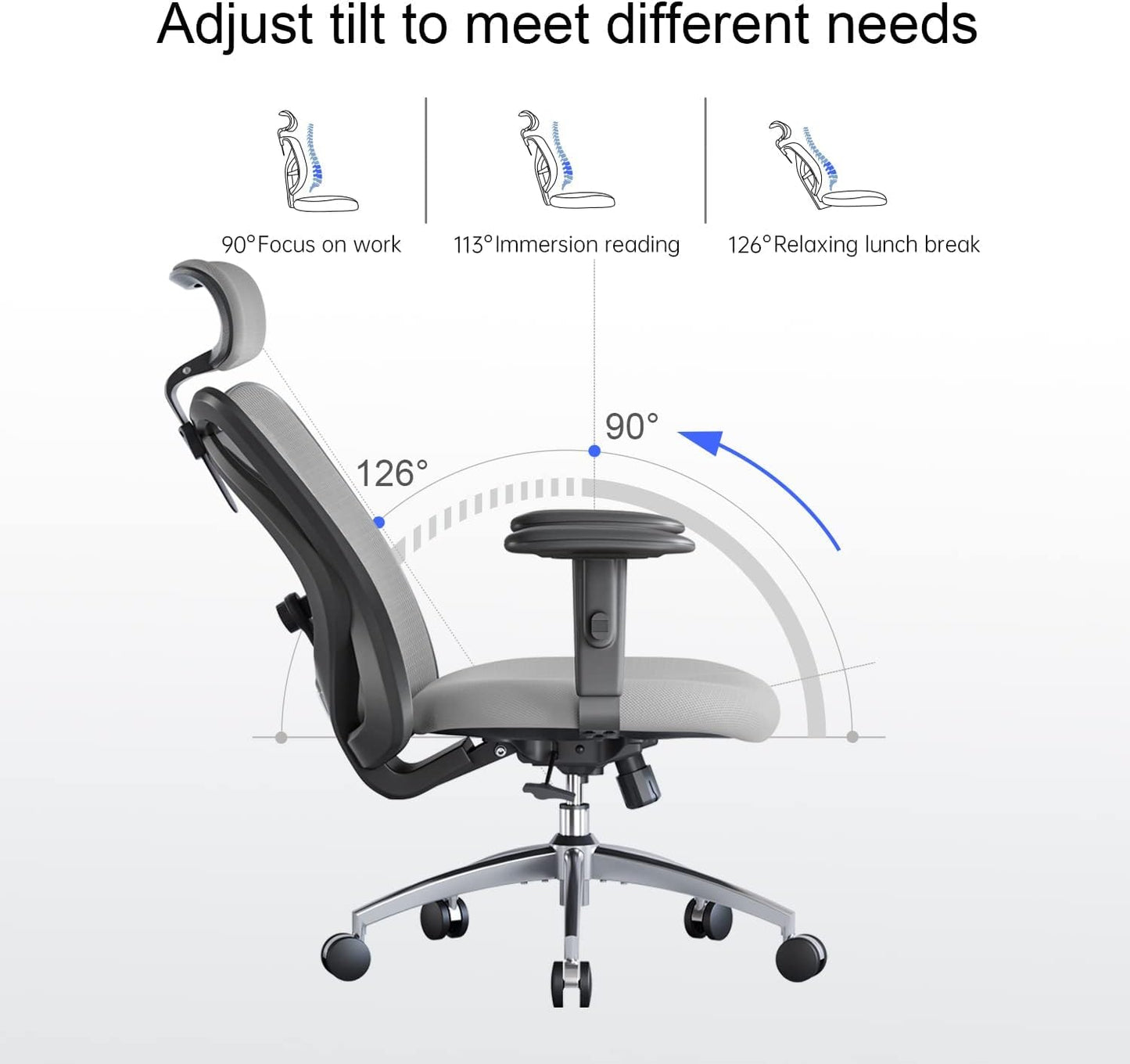 Ergonomic Office Chair, High Back Desk Chair, Adjustable Headrest with 2D Armrest, Lumbar Support and PU Wheels - Grey