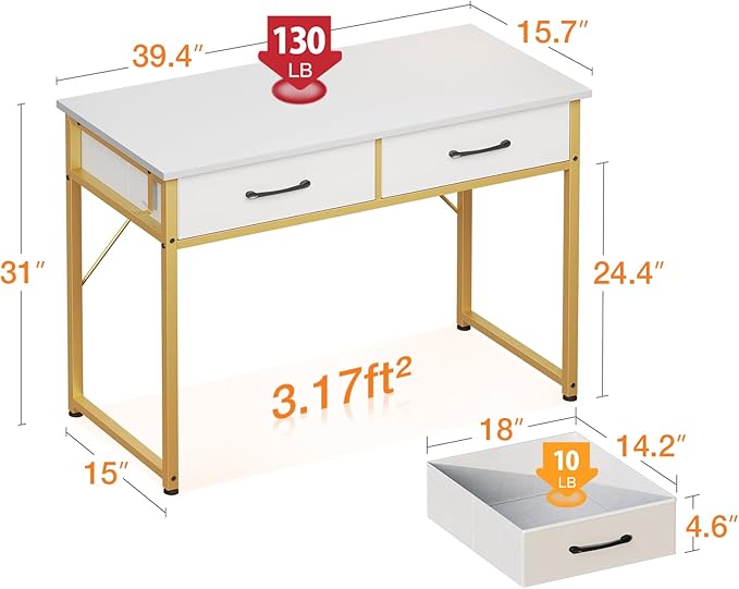 Vanity Desk Without Mirror, Makeup Vanity with 2 Fabric Drawers, White With Gold Legs - COOLBABY