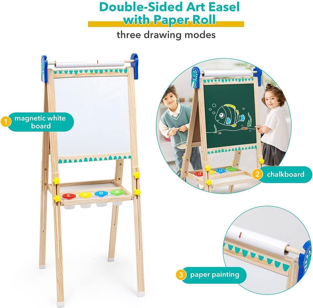COOLBABY Kids Standing Art Easel with Paper Roll - Height Adjustable Chalk Board Magnetic White Board for Kids Painting and Drawing - COOLBABY