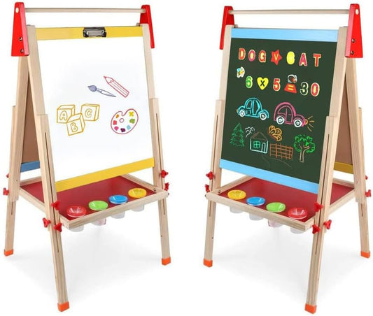 COOLBABY Kids Wooden Art Easel – Double-Sided Magnetic Whiteboard & Chalkboard with Adjustable Height, Paper Roll Holder, Letters & Numbers, Painting & Drawing Accessories - COOLBABY