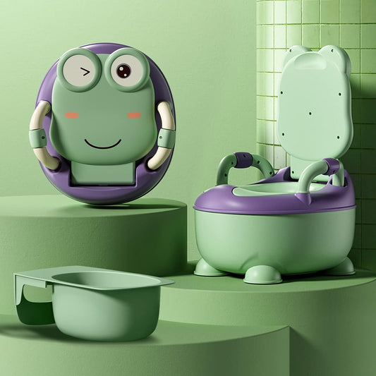 Aufun Kids Potty, Baby Toilet Seat, Baby Potty, Toilet Trainer with Handles for Toddlers, Soft PU Cushion, Baby Pot, Anti-Splash Protection, First Toilet, Cartoon Lid (Green) - COOLBABY