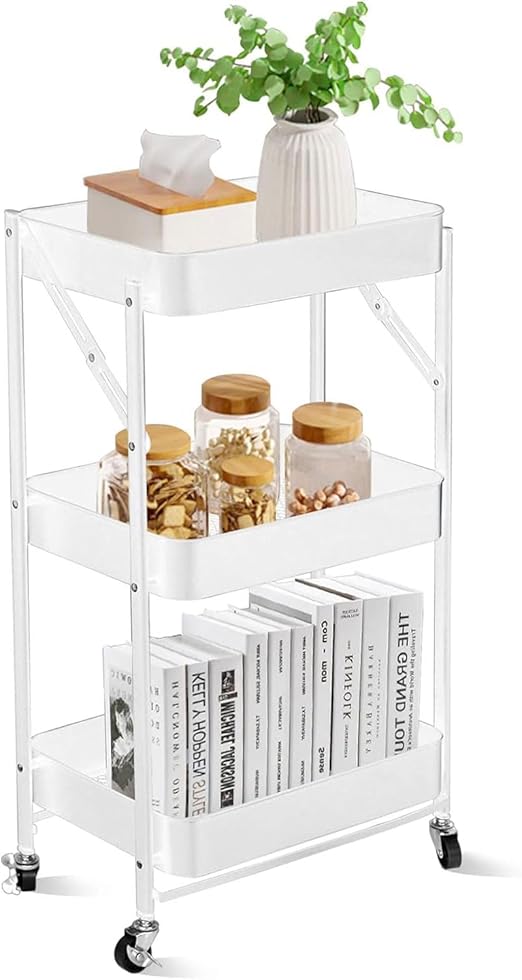 🛒 COOLBABY Foldable Utility Cart Organizer with Wheels – 3-Tier Rolling Storage Shelf for Kitchen, Bathroom, Office & More (White) - COOLBABY