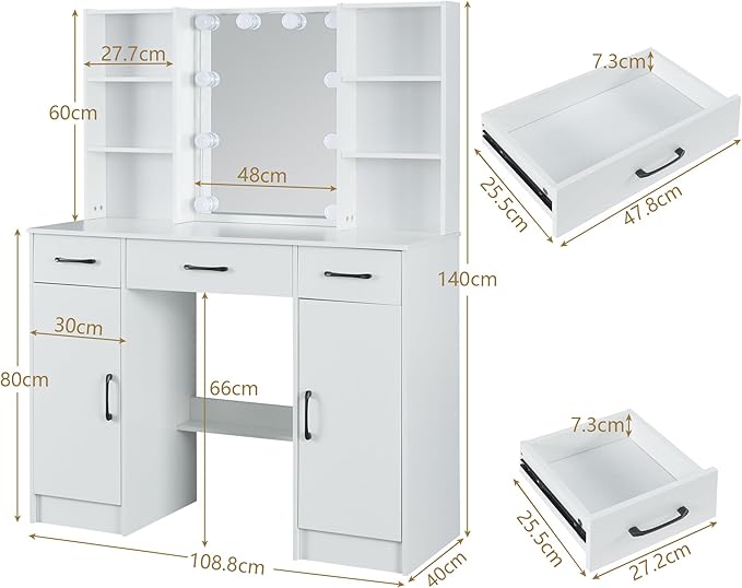 Large Vanity Desk with Lighted Mirror, Modern Vanity Set with 3 Drawers and 2 Storage Shelves - COOLBABY