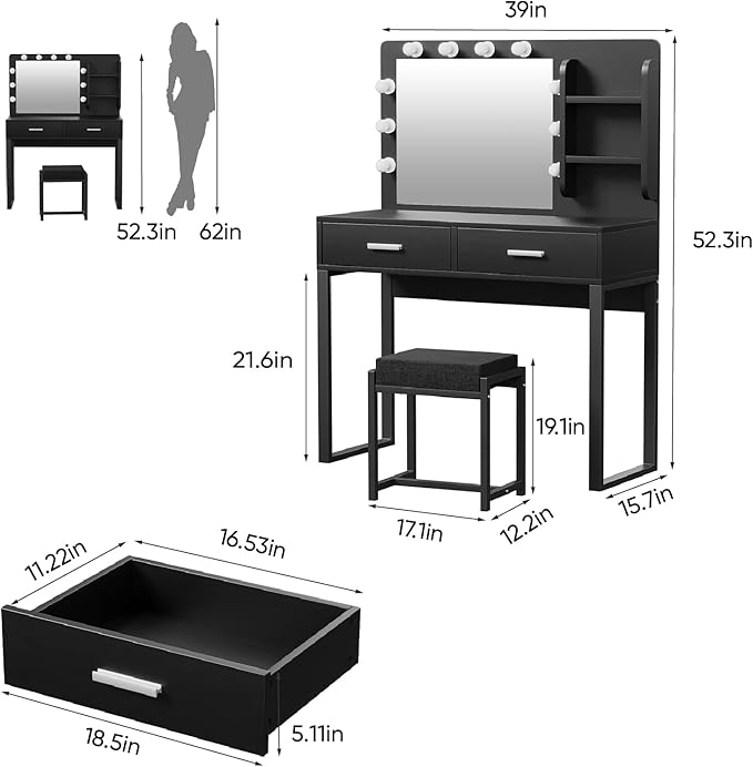 Vanity Desk with Mirror, With Chair and 10 LED Lights, with 2 Big Drawers and Side Shelves for Storage - COOLBABY