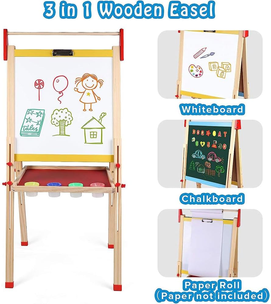 COOLBABY Kids Wooden Art Easel – Double-Sided Magnetic Whiteboard & Chalkboard with Adjustable Height, Paper Roll Holder, Letters & Numbers, Painting & Drawing Accessories - COOLBABY