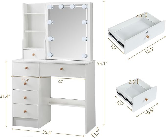 Makeup Vanity Desk with Lighted Mirror, Vanity Table Set with 6 Storage Shelf and 5 Drawers - COOLBABY