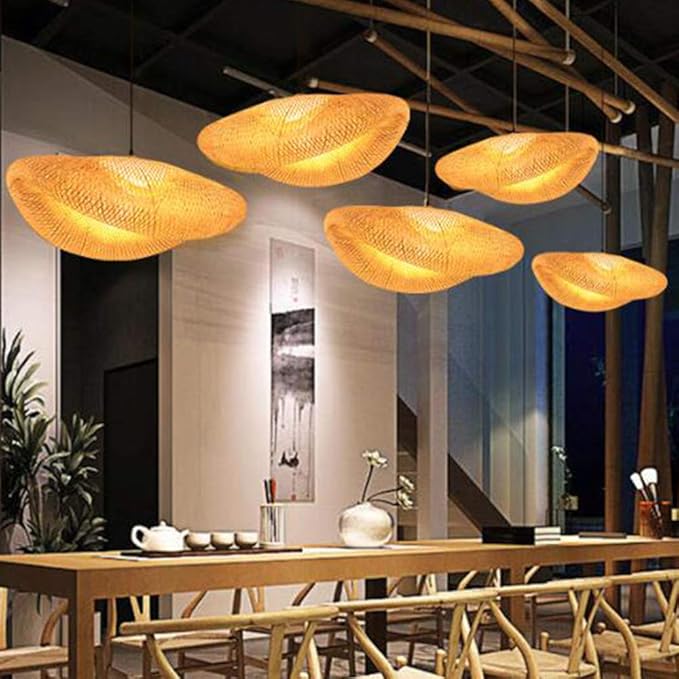 Vintage Wooden Pendant Lamp, Hand Woven Rattan Chandelier for Living Room, Office - COOLBABY