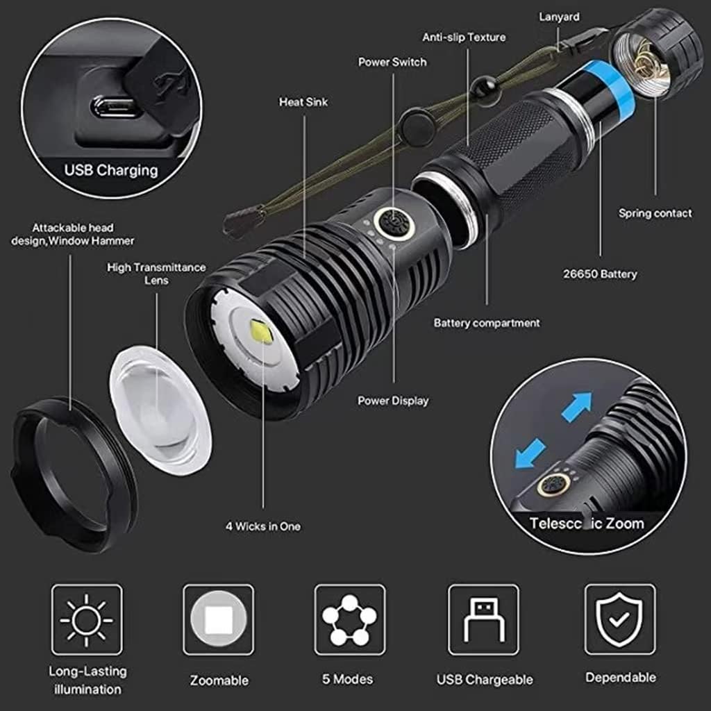 COOLBABY SSZ019 Rechargeable LED Flashlight 90000 High Lumens Super Bright Tactical Flashlight With 5 Light Modes And 26650 Batteries Zoom Waterproof Flashlight - COOL BABY