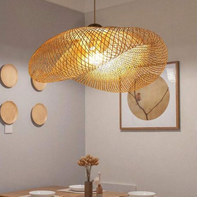 Vintage Wooden Pendant Lamp, Hand Woven Rattan Chandelier for Living Room, Office - COOLBABY