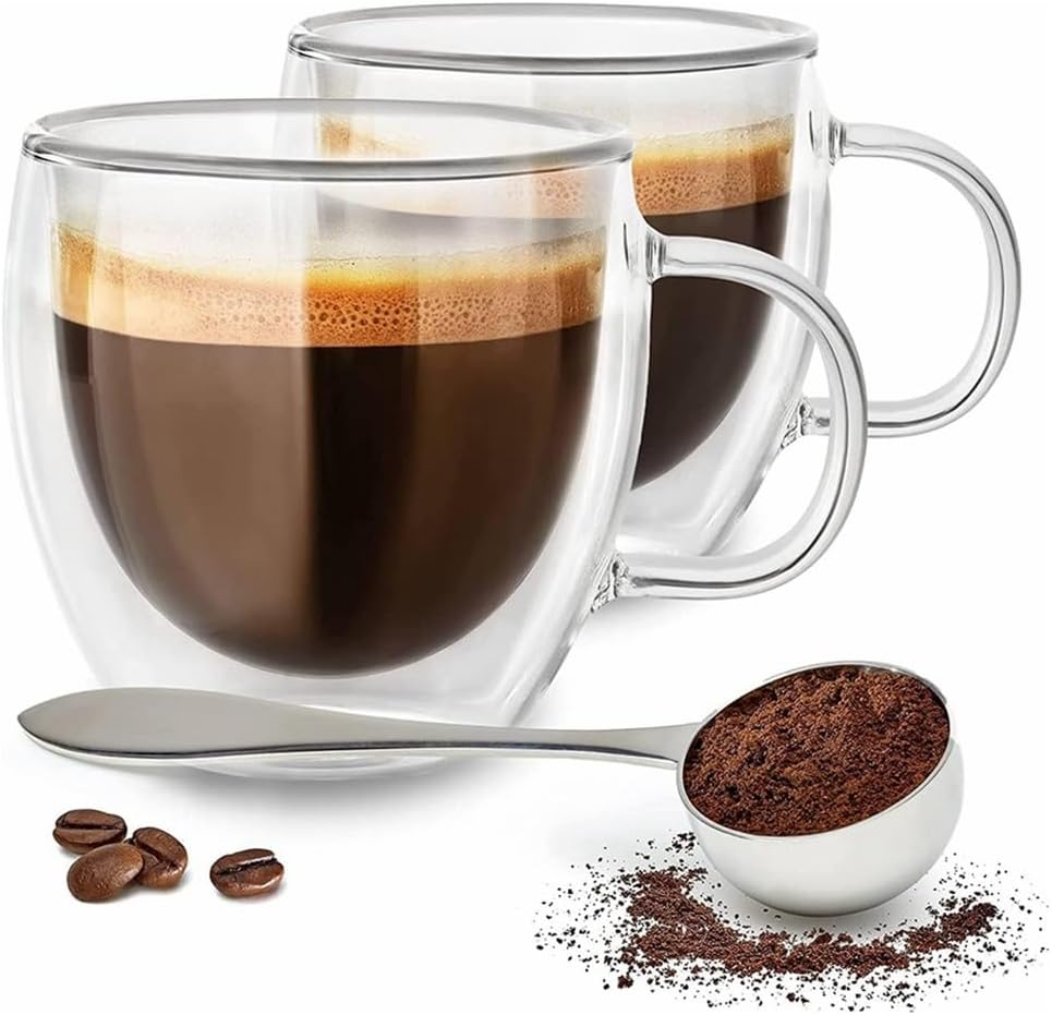 COOLBABY Espresso Cup Shot Glass Coffee Set of 2 - Double Wall Insulated Glass Tumbler With Handle Everyday Coffee Cup Ideal For Espresso And Coffee Machines 250ML - COOLBABY