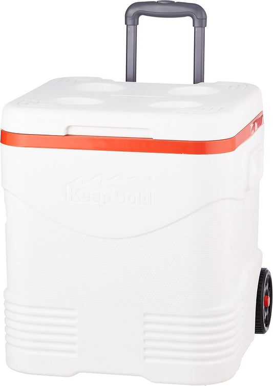 45L Plastic Picnic Trolley Icebox Roller Cooler with Wheels – White Insulated Cooler with 4-Day Ice Retention