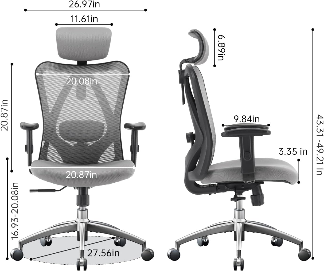 Ergonomic Office Chair, High Back Desk Chair, Adjustable Headrest with 2D Armrest, Lumbar Support and PU Wheels - Grey