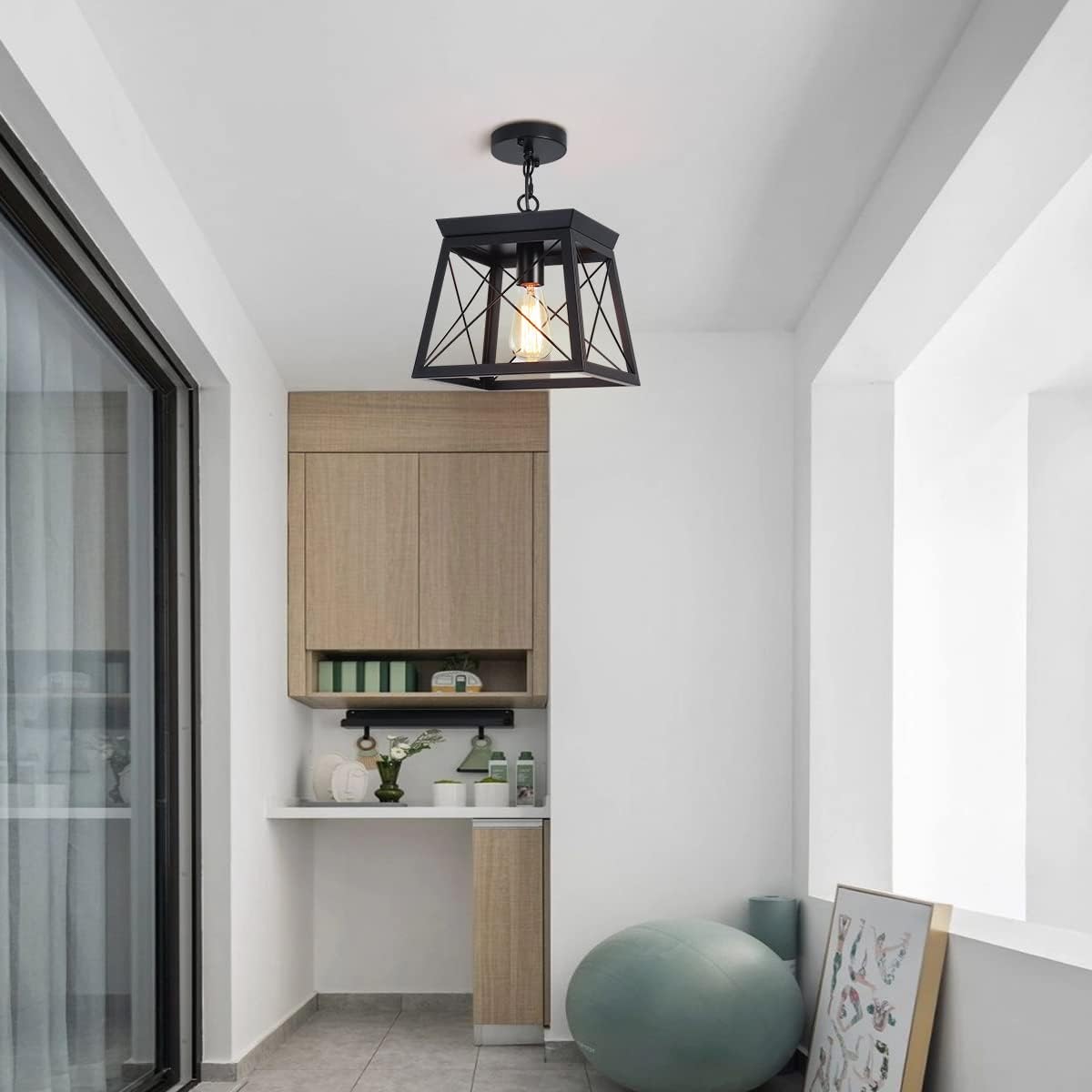 Farmhouse Pendant Light: 1-Light Metal Cage with Wooden Finish, Adjustable Height for Kitchen, Dining, Bedroom - COOLBABY