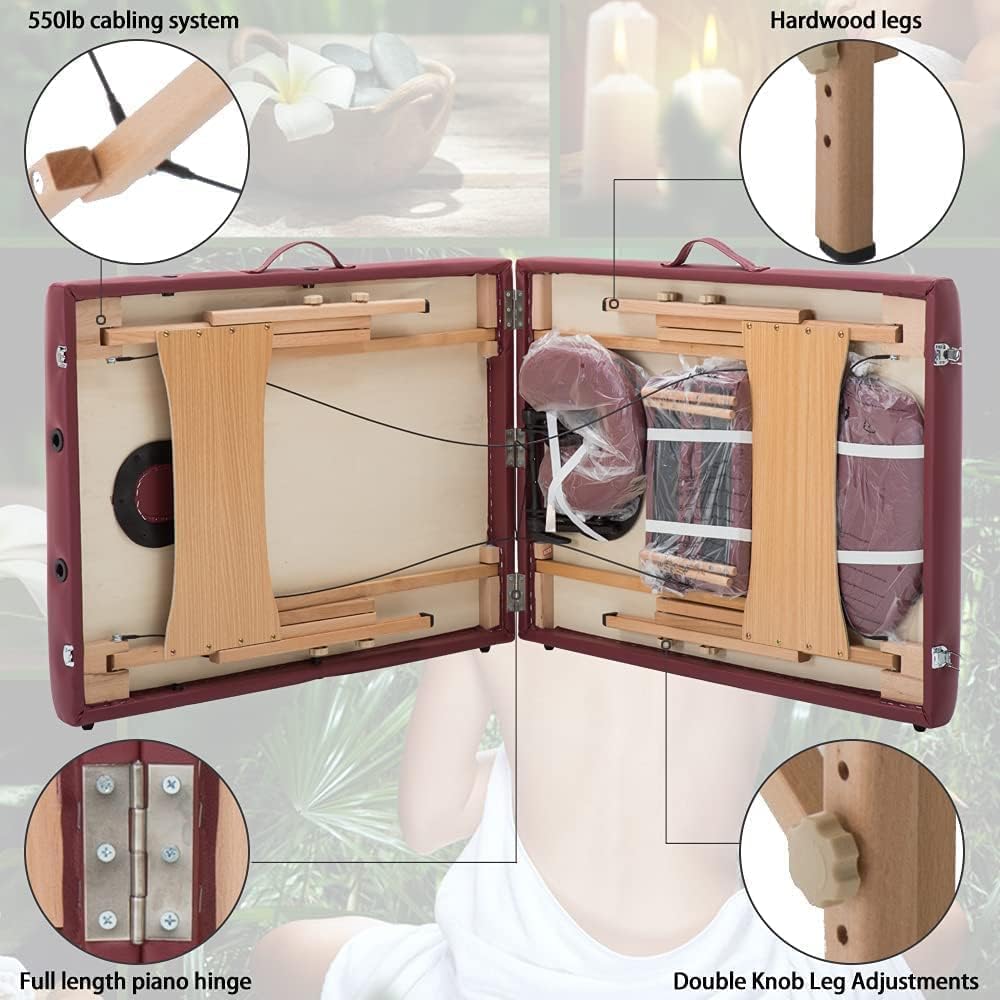 Coolbaby Professional Folding Massage Table - Portable Spa Bed With Face Cradle, Armrests, Wooden Legs, Height Adjustable (Red) KYBJ-304-SRK4 - COOLBABY