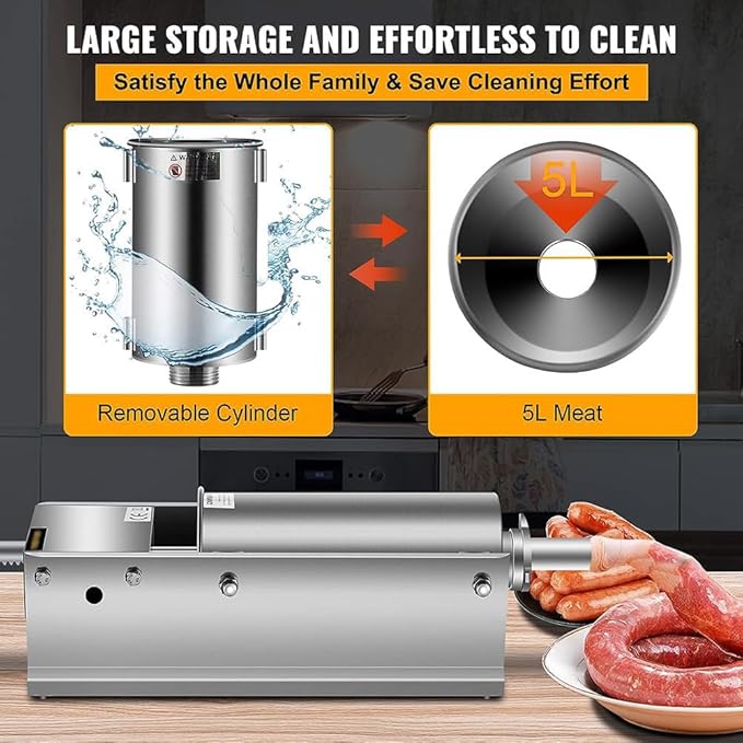 5L Stainless Steel Horizontal Sausage Filler - Sausage Stuffer Machine with 5 Filling Nozzles - COOLBABY