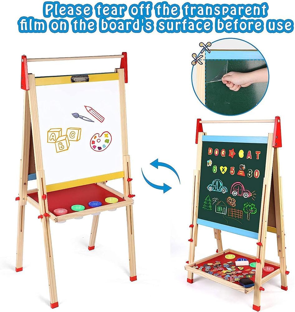 COOLBABY Kids Wooden Art Easel – Double-Sided Magnetic Whiteboard & Chalkboard with Adjustable Height, Paper Roll Holder, Letters & Numbers, Painting & Drawing Accessories - COOLBABY