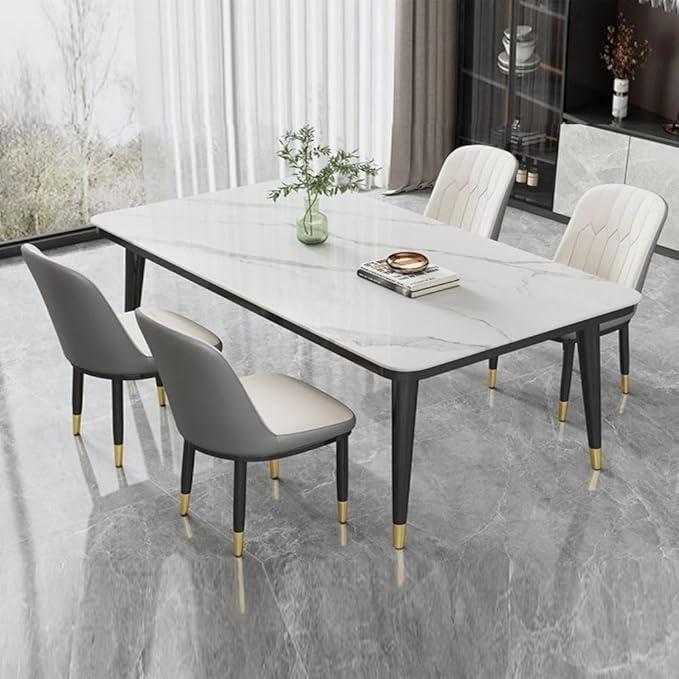 Modern Multipurpose Standard Rectangle Sintered Stone Dining Table and 4 Concave Curve Chair Set for Kitchen - COOLBABY