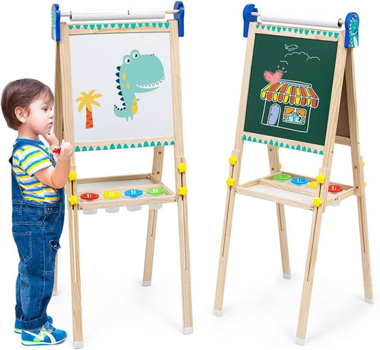 COOLBABY Kids Standing Art Easel with Paper Roll - Height Adjustable Chalk Board Magnetic White Board for Kids Painting and Drawing - COOLBABY