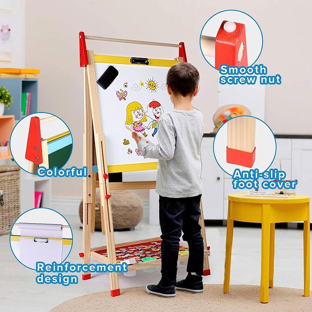 COOLBABY Kids Wooden Art Easel – Double-Sided Magnetic Whiteboard & Chalkboard with Adjustable Height, Paper Roll Holder, Letters & Numbers, Painting & Drawing Accessories - COOLBABY