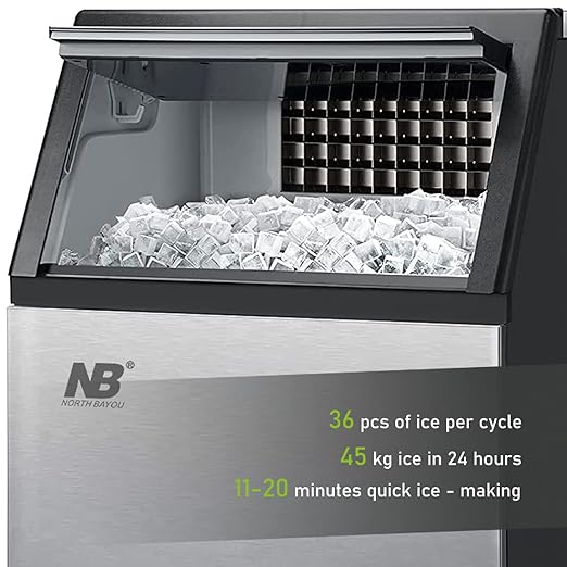 Commercial Ice Maker (45kg/24H, 15kg Storage, Stainless Steel) - Black & Silver