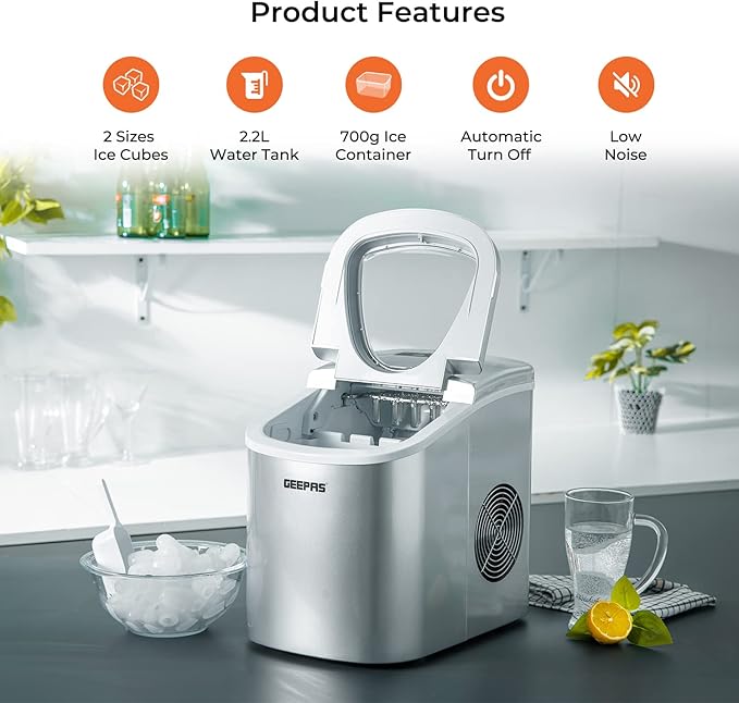 Portable Ice Cube Maker – 2.2L Tank, 12kg/24H Output, Two Ice Sizes, Eco-Friendly Refrigerant, Silent Operation - COOLBABY