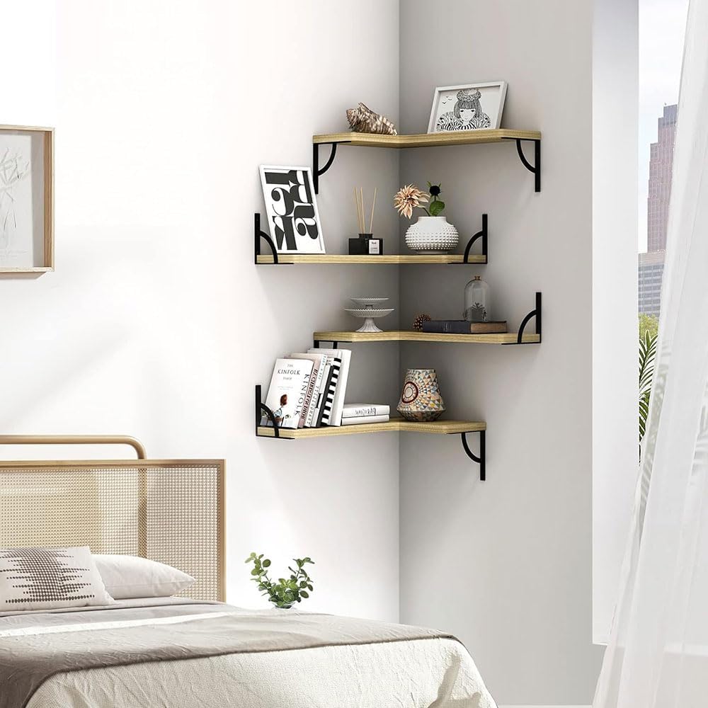 COOLBABY Corner Floating Shelves Set of 4,Wood Wall Shelves Storage Display Shelf for Home Office