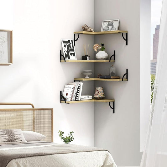 COOLBABY Corner Floating Shelves Set of 4,Wood Wall Shelves Storage Display Shelf for Home Office