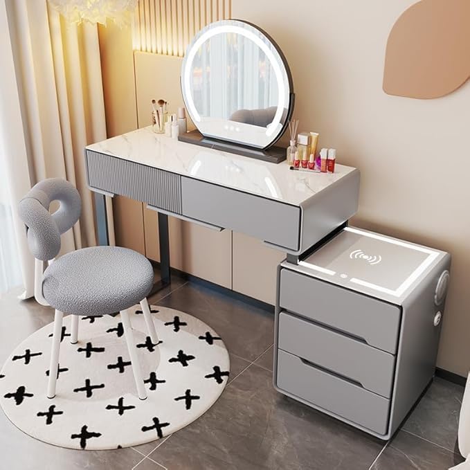 Makeup Vanity Table Dressing Table Flip Mirror With Drawers And Chair With BT Speaker, wireless charger and USB port 100CM - COOLBABY