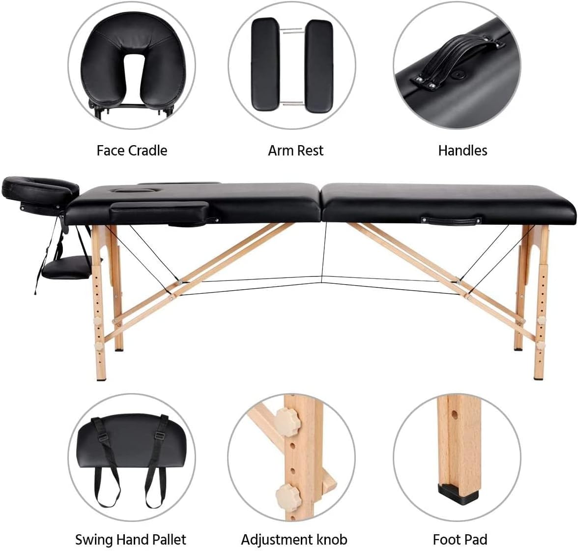 Portable Massage Table Professional Adjustable Folding Bed with 2-part Wooden Frame Ergonomic Headrest and Tote Bag for Therapeutic Tattoo Salon SPA Facial Treatment 80cm wide