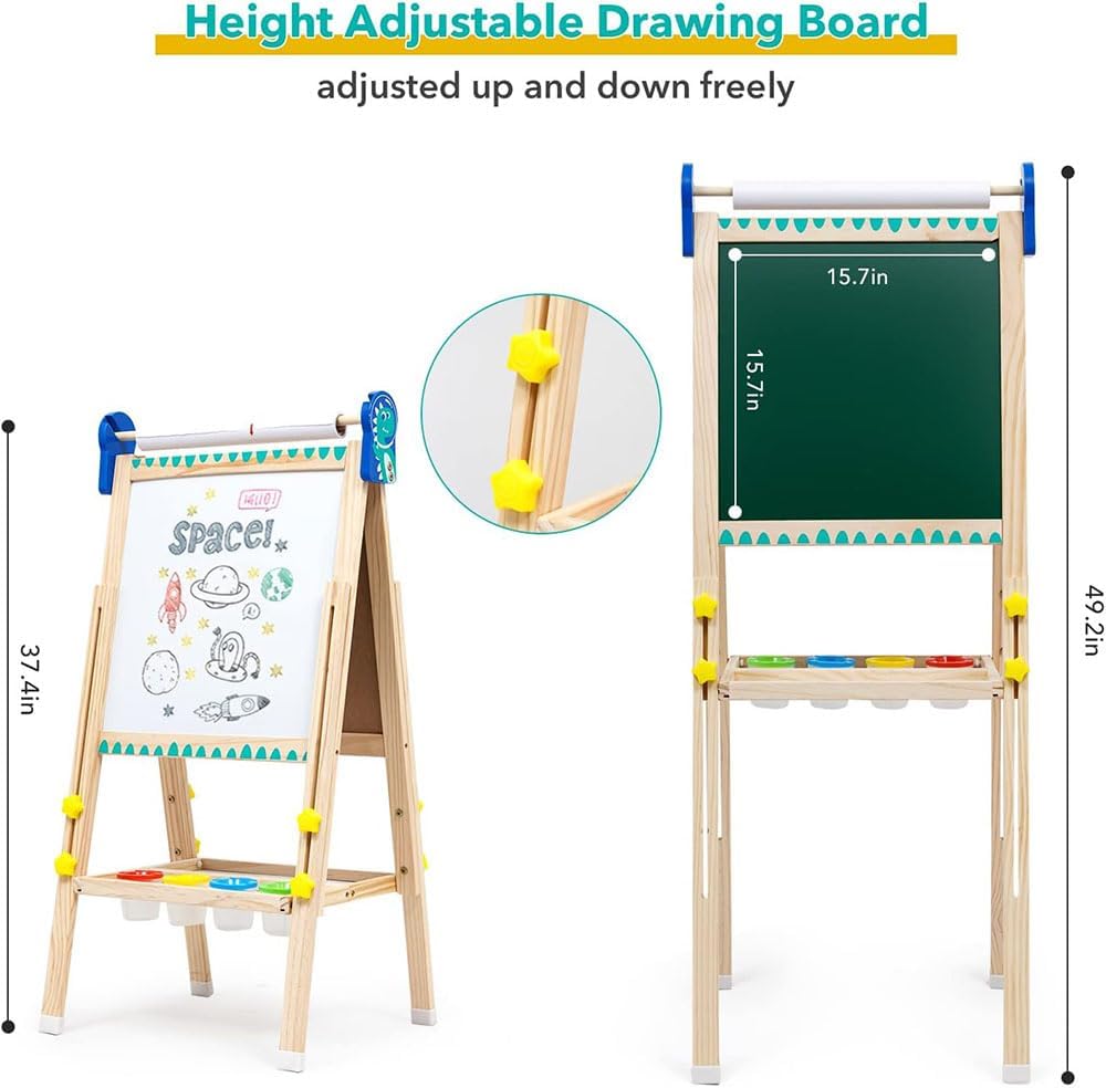 COOLBABY Kids Standing Art Easel with Paper Roll - Height Adjustable Chalk Board Magnetic White Board for Kids Painting and Drawing - COOLBABY